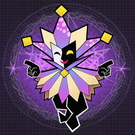 2d, 1boy, solo, Dimentio, male, jester, purple and yellow hat, jester hat, purple and yellow cloak, multicolored hat, multicolored cape, split color face, white face, black face, heterochromia, no pupils, black eye, yellow eye, black pants, black shoes

BREAK happy, closed eyes, smile, looking at viewer, pointing, abstract background, full body

BREAK best quality, amazing quality, very aesthetic, absurdres, newest, masterpiece, high quality