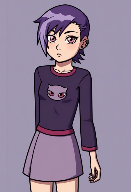 ss_style,1girl, solo,1girl, solo,purple hair,short hair,pink eyes,red eyes,skirt,asymmetrical hair