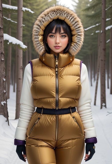 ((((puffer padded jacket)))), ((((puffer padded coat)))), ((((full body)))), ((((fur boots)))), ((((puffer pants)))), ((((puffer hood up)))), winter, snow, forest, 1girl, solo, (masterpiece), detailed face, detailed eyes, (beautiful detailed eyes:1.5), sidelighting, (super detail, hyper detail, intricate_details, detailed), (semi realistic:1.6), (Bob cut), blunt bangs,(black hair), (purple eyes, eyelashs), tanned skin, smug smile, angry face, Golden jewelery, golden rings, golden necklace, golden armlets, golden chains, padded collar, Thick padded collar, <lora:Collar-SDXL:0.6>, <lora:cropped_puffer_vest_v2:0.4>, <lora:snowpants_v1:0.4>