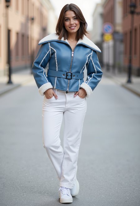 Full body shot of a beautiful young model with medium hair, medium round breasts, seductive smile, clo002, wearing blue leather jacket, shearling collar, white pants, sneakers, street,  standing in a street,  perfect lightning,