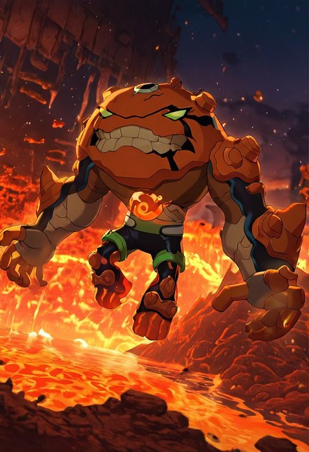 masterpiece, best quality, amazing quality, very aesthetic, absurdres, newest,, detailed background, 
 movie scene, cinematic scene, cinematic, 
gravitack, crooked teeth, 1boy, armor, monster, green eyes, solo, massive arms, big hands, brown skin, 
spread arms, low arms, lava, dynamic pose, magma, rising lava, lavakenesis