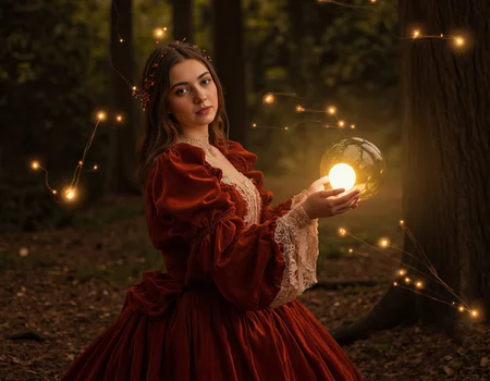 <lora:Staggering:0.85> staggering, Fantasy illustration, whimsical style, girl in a Victorian velvet gown, lace details, holding a glowing orb, enchanted forest background, fireflies, warm color scheme, magical atmosphere, detailed textures, soft focus, dreamlike quality. . 35mm photograph, film, bokeh, professional, 4k, highly detailed
