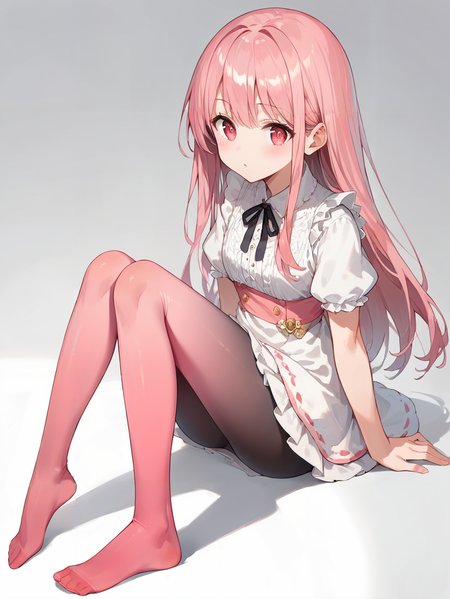 score_9, score_8_up, score_7_up,source_anime, high res image,masterpiece,best quality,(girl:1.0),cute face,clear skin,shiny hair,ultra detailed eyes,simple background, dress,<lora:gradient pantyhose_pony_V1.0:0.7> gradient pantyhose,(black pantyhose,pink pantyhose:1.2),no shoes,sitting
