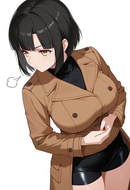 Smooth Quality,masterpiece,very intricate, high quality details, ultra realistic, high detailed skin,detailed enviorement,absurdres,
kamina pose,
 <lora:Tachibana_Mei_CNR:0.8> mei_cnr,  black hair, short hair, bob cut, blunt bangs, yellow eyes, large breasts,, sigh,, simple background, white background, sideways,solo,, peacoat,  ,coat, ,tight shorts,  ,