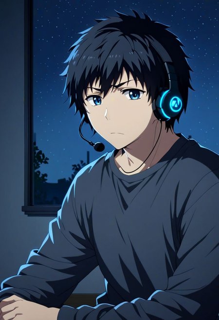 high resolution, solo, best quality, 1Boy, Arata Kaizaki, Black Hair, gamer, bedroom, night, pc, sit, headset, portrait, OverallDetail