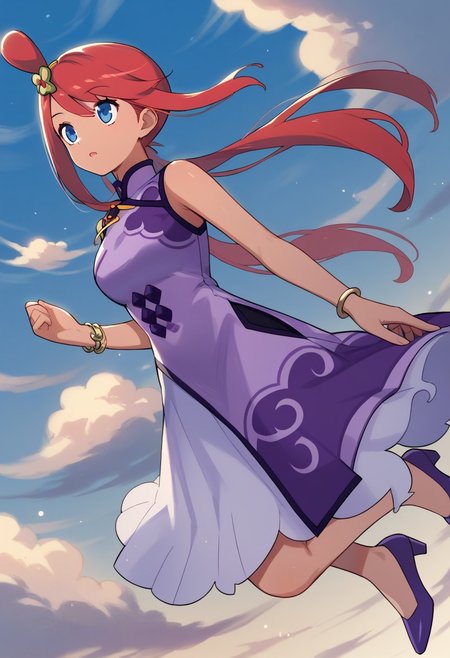 source_anime, score_9, score_8_up, score_7_up, masterpiece, best quality, 1girl, solo, jumping, sky, clouds, anniskyla, dark_skinned_female, red_hair, blue_eyes, chinese_clothes, china_dress, purple_dress, sleeveless_dress, bracelet, hair_ornament, shoes, purple_footwear, high_heelss