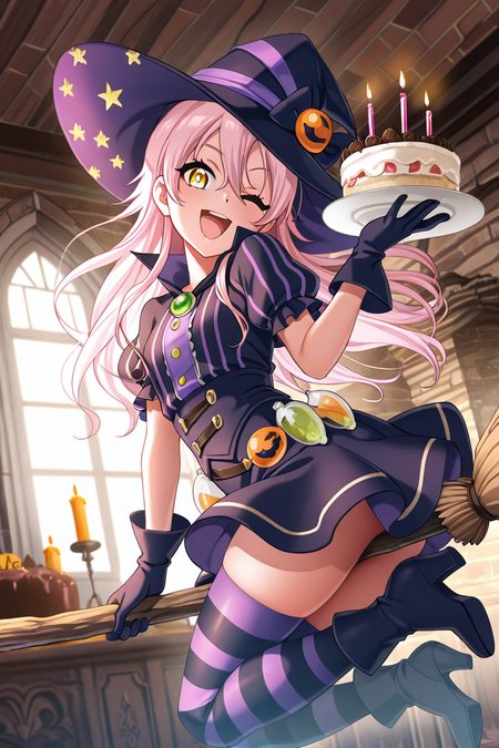 masterpiece, best quality, amazing quality,
 <lora:Lumina_IL:1> lumina, 1girl, candle, witch hat, one eye closed, solo, hat, broom, yellow eyes, smile, food, thighhighs, indoors, gloves, open mouth, boots, witch, cake, holding, broom riding, striped, looking at viewer, skirt, pink hair, short sleeves, high heels