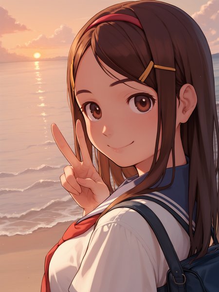 score_9, score_8_up, score_7_up,  1girl, brown hair, school uniform, brown eyes,  smile, hairband, ocean, hairclip, long hair, sunset, water, school bag, v,  close up, 
 <lora:naruko_hanaharu_Pony_dim32:0.8>