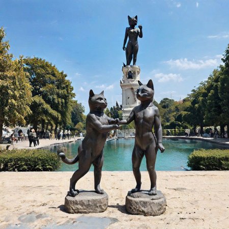 F-B-C, foreground: cat, background: statue, effect: the cat shakes the statue's hand
