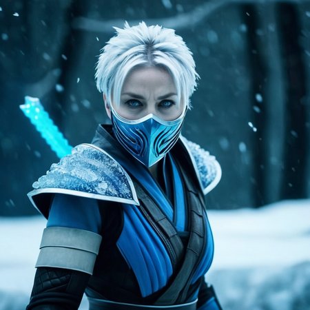 cinematic film still of  <lora:Frost Mortal Kombat:1>
Frost Mortal Kombat a pale white cold skin woman with an ice frost hair and frost eyes in a blue ninja outfit in a ice storm place with many swords, shallow depth of field, vignette, highly detailed, high budget, bokeh, cinemascope, moody, epic, gorgeous, film grain, grainy