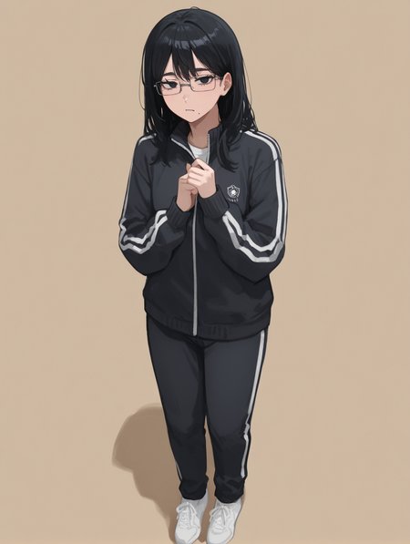 masterpiece,best quality,amazing quality,very aesthetic,absurdres,newest,
front view,full_shot,Sneer,
ShimizukiyokoCYQL,1girl,solo,long hair,black hair,black eyes,glasses,semi-rimless eyewear,mole,mole under mouth,black jacket,track jacket,track suit,black pants,shoes,
full body,standing,covering_face,,
cyan background,simple background,
<lora:spo_sdxl_10ep_4k-data_lora_webui:0.7>,<lora:MinimalistFlatColorXL_byKonan:0.5>,<lora:96YOTTEA-WAI:0.8>,,<lora:ShimizukiyokoCYQL:1>,