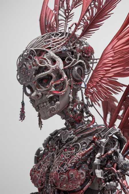 complex 3d render ultra detailed beautiful death angel, biomechanical cyborg, analog 150 mm lens, beautiful natural soft rim light, crystal feathers, roots, fine foliage lace, colorful details, Boris Bidjan Saberi outfit, pearl earrings, piercing, art nouveau fashion embroidered, intricate details, mesh wire, mandelbrot fractal, facial muscles, cable wires, microchip, badass, hyper realistic, ultra detailed, octane render, volumetric lighting, 8k post-production, red and white with a bit of black, detailled metalic bones, semi human, iridescent colors, Glenn Brown style, futuristic room, power of the god, high-angle shot, complex body poses