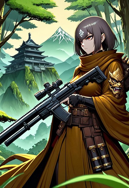 GunMonk, 1woman, holding a gun,  forest mountain background