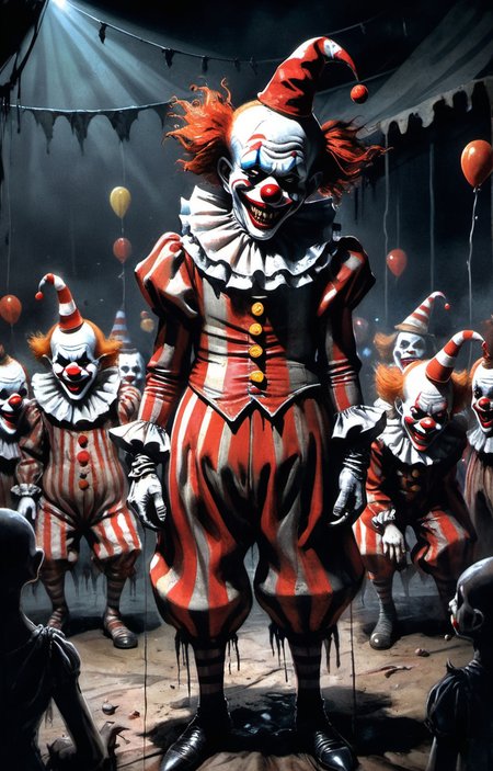 by peter de seve, (masterful but extremely beautiful:1.4), (masterpiece, best quality:1.4) , in the style of nicola samori, Distorted, malevolent clowns, horror, macabre, circus of terror, twisted humor, creepy atmosphere, nightmarish visuals, surrealistic, eerie lighting, vibrant colors, highly detailed, by John Kenn Mortensen, glow effects, godrays, Hand drawn, render, 8k, octane render, cinema 4d, blender, dark, atmospheric 8k ultra detailed, cinematic, Sharp focus, big depth of field, Masterpiece, 3d octane render, 8k, concept art, trending on artstation, hyperrealistic, extremely detailed CG unity 8k wallpaper, trending on CGSociety, Intricate, High Detail, dramatic