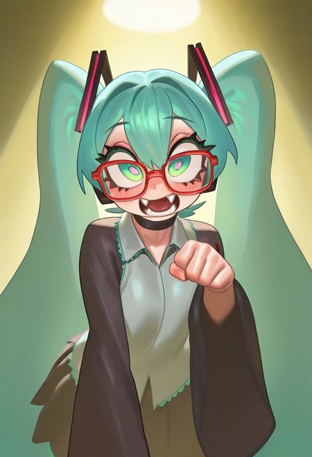 ZolicPSTL_ST, masterpiece, best quality, very aesthetic, high resolution, ultra-detailed, absurdres, newest, extremely detailed eyes, beautiful, perfect lighting, hi res, amazing quality, very awa, Brightly Lit, Highly Visible, 8k, sharp focus, beautiful, perfect lighting, volumetric lighting, scenery, painting_(artwork), aqua hair, green eyes, red-framed eyewear, teeth, fangs, black choker, hatsune miku, paw pose, hatsune miku