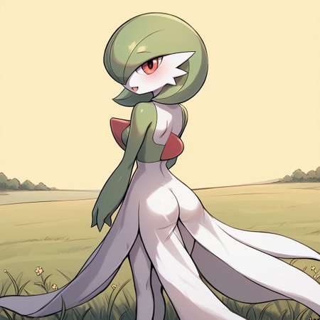 score_9, score_8_up, score_7_up, score_6_up, score_5_up, score_4_up, cartoony style
luminekoStyle,
gardevoir, green_hair, green_skin, hair_over_one_eye,
field.  standing, backview, gap in skirt, butt, butt visible through gap,