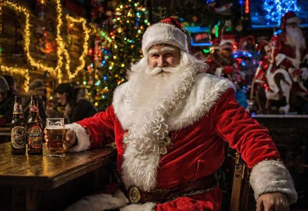 DedMoroz sitting in a bar, drinking beer with a some christmas elfes, (party atmosphere), disco lights, ((neon lighting)), highly detailed, dimly lit, best quality, Fujifilm XT-4