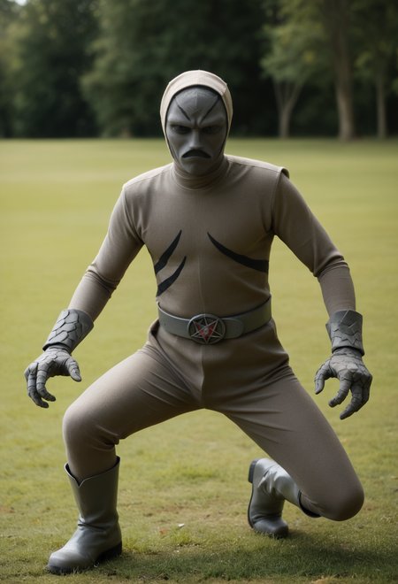 score_9,score_8_up,score_7_up,realistic,putty, full body, alien,1boy,black eyes, solid eyes,no nose, grey skin, black striped skin, grey belt, pentagram belt buckle, grey boots,grey stone hands, fighting stance, legs apart, outdoors, grass, grey bodysuit,  depth of field, highly detailed, high contrast, film grain, Rim Lighting<lora:PuttiesPony:1>