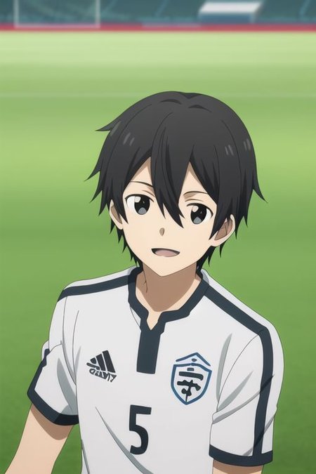 high resolution, professional photography, best quality, 1Boy, Kazuto Kirigaya, Black Hair, Black Eyes, Soccer Boy, soccer player, field, potrait, depth of field, happy, tired, celebration,