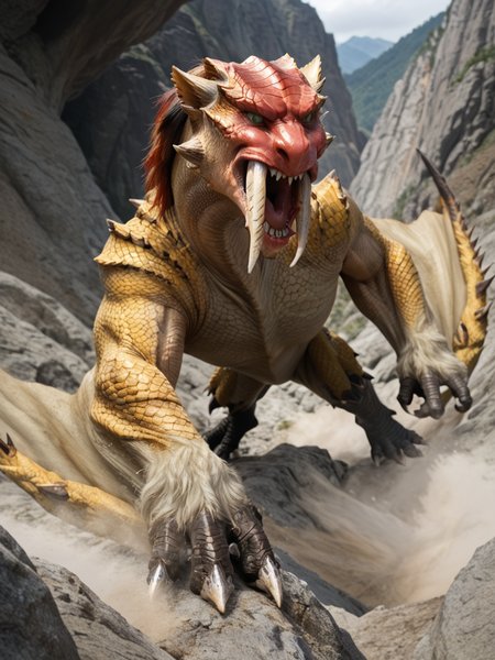 <lora:MH_Barioth_a1_4_PonyXL:0.9>, score_9,score_8_up,score_7_up, mountain climbing photography, looking straight down photo
(extreme close_up shot, extreme portrait),cropped photo, face focus, hardlight,
barioth,feral,solo,hi res,detailed background, climbing up a mountain cliff face,green eyes,red face,yellow body,open mouth,action pose,dust cloud,white fangs, tail, one arm up clawing
, bloom, subsurface scattering, sharp hyper detailed, (shiny metallic skin:1.2), (ultra-detailed short_fur small_scales:1.1), bright highlights, <lora:RM_Enhancer_v1.0_bf16:.1>  <lora:p:.2> <lora:Add_More_details_SD3:.5> ,