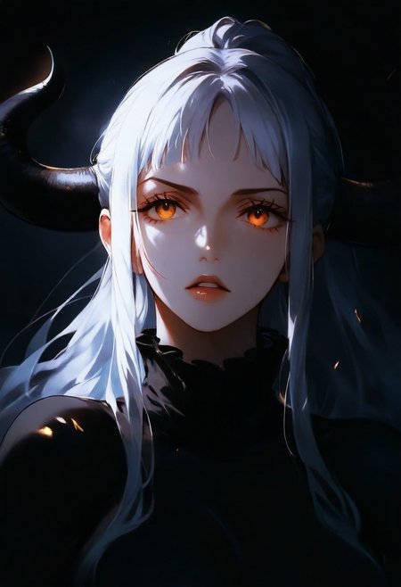1girl, Yamato, one piece, solo, dark, light, masterpiece, best quality, very aesthetic, close up, white hair, horns, parted lips