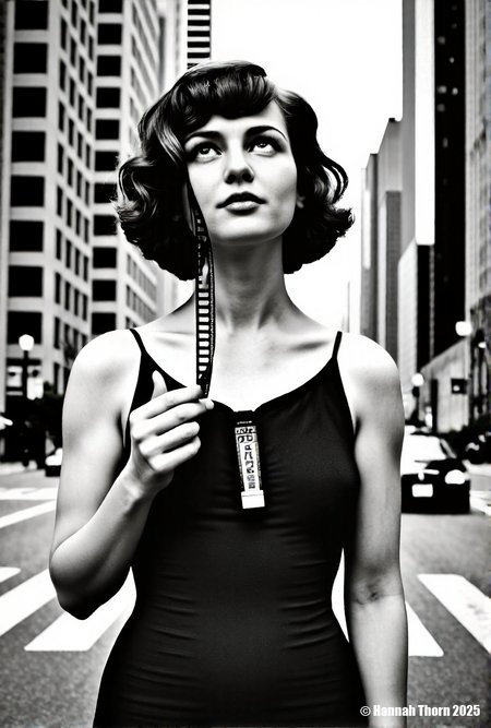 A realistic black and white photograph of a young beautiful brunette woman standing on a city street, wearing a black v-neck dress, with short curly hair, holding a cigarette in her hand, looking up at the sky, with tall buildings in the background, cars driving on the street, street signs on the buildings, daytime, medium shot, detailed face, realistic skin texture, film grain, high resolution, natural lighting, dramatic shadows, shot with a Leica camera, 50mm lens, f/2.8 aperture, 1/250 shutter speed, ISO 200, shot on Kodak Tri-X 400 film., <lora:_Flux\_Photographer\Helmut_Newton-000001.safetensors:0.8300000000000002:0.8300000000000002> <lora:_Flux\_Skin_Appearance\detailifier_flux-000006.safetensors:0.8300000000000002:0.8300000000000002> <lora:_Flux\_Skin_Appearance\Old_Beauty.safetensors:0.7500000000000001:0.7500000000000001>, A stunning black and white portrait of a young woman, her face partially obscured by a strip of 35mm film. The film runs vertically, bisecting her face, with the individual frames visible and adding an intriguing layer to the composition. Her expression is serene, eyes gazing slightly off-camera, framed by dark, wavy hair. The lighting is soft and diffused, creating subtle shadows that accentuate her features. The background is a soft, out-of-focus white, drawing attention to the subject. The overall mood is artistic and contemplative, evoking a sense of classic Hollywood glamour. The image is reminiscent of vintage photography, with a timeless quality. The contrast between the smooth skin and the textured film adds visual interest. The composition is simple yet effective, creating a captivating and memorable image., <lora:_Flux\_Photographer\Helmut_Newton-000001.safetensors:0.8300000000000002:0.8300000000000002> <lora:_Flux\_Skin_Appearance\detailifier_flux-000006.safetensors:0.8300000000000002:0.8300000000000002> <lora:_Flux\_Skin_Appearance\Old_Beauty.safetensors:0.7500000000000001:0.7500000000000001><lora:_Flux\_Photographer\Helmut_Newton-000001.safetensors:0.8300000000000002:0.8300000000000002> <lora:_Flux\_Skin_Appearance\detailifier_flux-000006.safetensors:0.8300000000000002:0.8300000000000002> <lora:_Flux\_Skin_Appearance\Old_Beauty.safetensors:0.7500000000000001:0.7500000000000001>