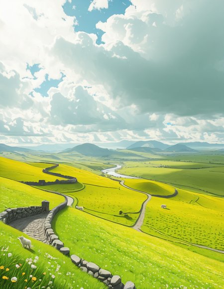 A breathtaking, high-resolution photograph of the rolling plains of Ireland, stretching endlessly under a vast, cloud-streaked sky. The landscape is a lush, vibrant green, with gentle hills covered in soft grass and dotted with scattered wildflowers. Ancient stone walls and winding dirt paths cut through the fields, marking old farmland boundaries. In the distance, a few solitary sheep graze peacefully, their white wool contrasting against the emerald grass. A small, clear river meanders through the valley, reflecting the soft light of the sky. The horizon is framed by low, misty mountains, adding depth and mystery to the scene. Above, the sky is a mix of bright blue and fluffy white clouds, casting dynamic shadows across the landscape as beams of sunlight break through. The atmosphere is serene, timeless, and rich with the natural beauty of the Irish countryside.
<lora:SDXLFaeTastic2400:0.4> <lora:extremely_detailed:0.4> extremely detailed,rolling plains of 1r3l4nd, <lora:rolling_plains_of_1r3l4nd-i:1>, Masterpiece,best quality,hi res,8k,hi res,8k,award winning,(sharp focus, intricate, highly detailed),