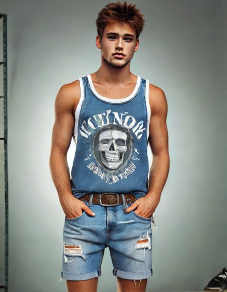 2000sfashionlora, 1man, tanktop, shoes, denim shorts,Photorealistic, Ultra-high detail, lifelike textures, realistic lighting, high-resolution, 2000sfashionlora, 1man, tanktop, shoes, denim shorts,Detailed Body Face Skin,Focus on intricate details, realistic textures, highly defined facial features, flawless skin, lifelike anatomy, high-resolution