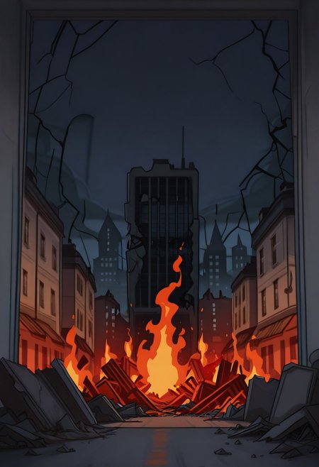 masterpiece, best quality,
 <lora:Inusen:1>
1n0s3n, nobody on screen, city destroyed background, drawned in inusen style, night, lots of buildings destroyed, lots of flames, dutch angle of an exterior corridor from a apartment building