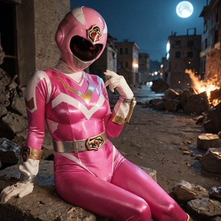 20yo, score_9, score_8_up, score_7_up, shiny oild skin, 
sentaisaintforce, pink bodysuit, silver belt, white gloves, spandex, wing-shaped chest symbol, medium breasts, helmet removed, no headwear, 
 city ruin, rubble, sitting, night, explosion, 
 <lora:Saint_Force:0.8>