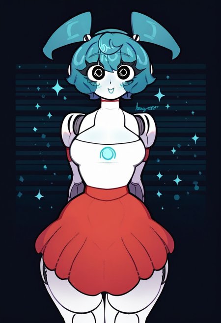 score_7_up, score_6_up, cartoon_source, 1girl, curvy, looking at viewer, detailed background, cowboy shot, v, very happy, from above, lab, wide shot, cute pose, 
<lora:xjo9_character:1> xjo9OC, colored skin, white skin, robot joints, android, twintails, blue hair, black eyes, medium breasts, thick thighs, narrow waist, skirt,