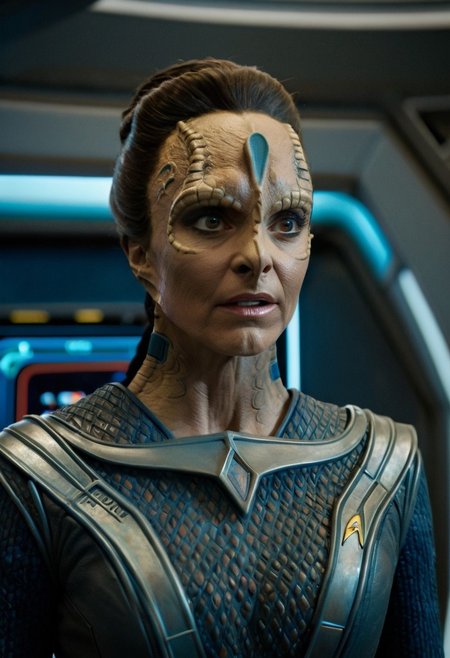 8k HDR, Cinematic film still portrait from blockbuster sci-fi science fiction movie, 35mm Fujifilm, IMAX, extremely detailed, female c4rd45514n alien, forehead crest, grey skin, ridges, scales, wearing starfleet uniform dress from star trek