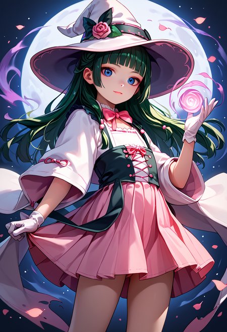 (zPDXL3),
Maomao, 1girl, solo, blue eyes, hair accessory, dark green hair, blunt bangs, aloof, 
 <lora:PinkWitch-000003:0.8> reij-pnkwtch, hat, short pink skirt, pinup, magic, witch, 
<lora:MaoMaoXL:0.9>