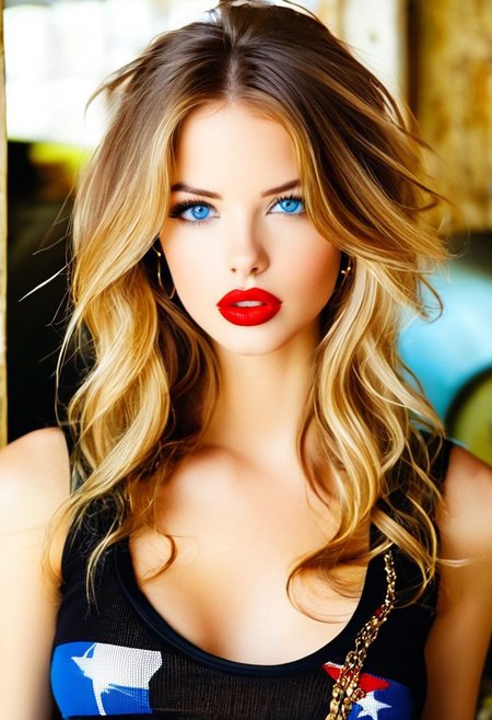 1girl, bellissima, blonde hair, blue eyes, brown hair, cleavage, jewelry, lips, long hair, looking at viewer, realistic, red lips, solo, tank top, seductive look, half body shot,by Ellen von Unwerth