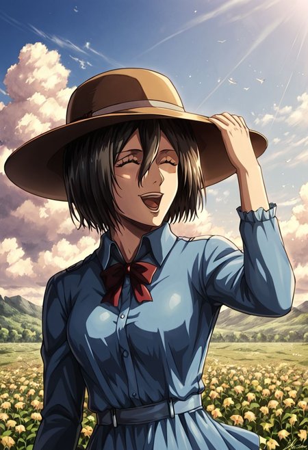 1girl, solo, Mikasa Ackermann, attack on titan beautiful face, detailed eyes, detailed face, outside, windy, laughing, eyes closed, blue dress, hat, holding her hat,