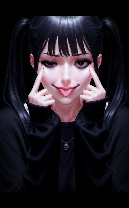 1girl, solo, sangsoo jeong, guweiz, realistic, painterly, high contrast, goth, black eyeshadow, bags under eyes,  akanbe, eyelid pull, uneven eyes, constricted pupil, red eye,  half-closed eye, unusually open eye, smirk, aged up, 
black background, black eyes, black hair, black shirt, close-up, jewelry, long hair, long sleeves, looking at viewer, mole, mole under eye, shirt, sidelocks, simple background, sleeves past wrists, tongue, tongue out, twintails,
<lora:nhl-002-nai:0.7> nhl-002, 
very aesthetic, amazing quality, best quality, masterpiece,