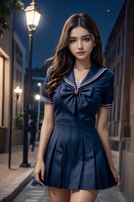 <lora:SH_ModelV2:0.8>, (night:1.5), street, (skinny legs:1.1), ultra realistic,32k, (masterpiece:1.2), (high detailed skin:1.1), 8k uhd, dslr, high quality, long hair, school uniform, sailor dress, blue dress,