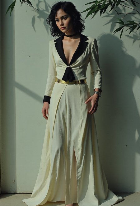 A cinematic, high-resolution DSLR still of a young woman with avant-garde style and striking beauty. She has fair skin and soft black hair styled in loose waves, cascading over her shoulders. She is dressed in an elegant, flowing white gown with subtle black accents that evoke the contrast of a panda’s fur. The fabric drapes effortlessly, with delicate pleats and layered textures that create a sense of movement. The background is a serene blend of cool grays and soft bamboo greens, featuring abstract patterns of bamboo shoots and leaves that subtly frame the composition. Her expression is calm and enigmatic, with one hand delicately reaching toward the ground and the other resting lightly on her hip, exuding both grace and quiet strength. The interplay of light and shadow enhances the ethereal quality of the scene, casting soft highlights on her face and attire, creating a dreamlike yet sophisticated atmosphere. vantablack, vintagewoman, herbstphoto, herbst photo, aidmaimageupgrader