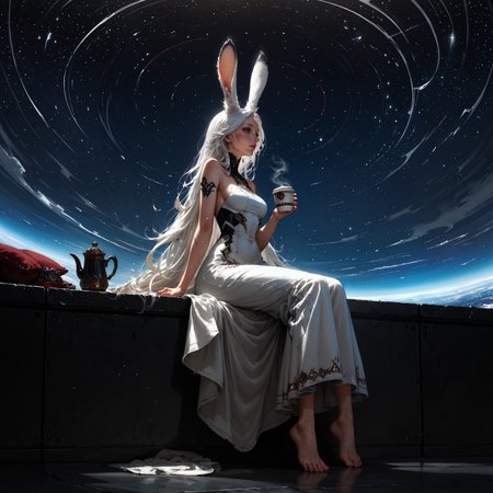 score_9, score_8_up, score_7_up, score_6_up, score_5_up, score_4_up,  rating_questionable, 20yo girl, 1girl, viera, solo, tall, white dress, red trim, a woman with white hair, Brom, beautifully backlit, fantasy art, dark skin, long hair, rabbit ears, white hair, space traveler, galactic, otherworldly, ethereal, atmospheric, galaxy, sweat, full body, romantic, sitting, drinking coffee, feet, toes, side view, view from below, head turned away