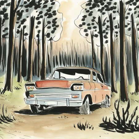 drawix12 old car in forest <lora:drawix12:0.7>
