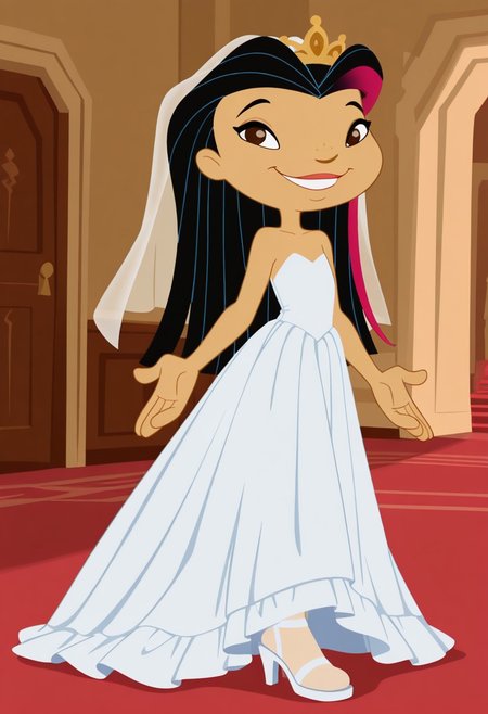 masterpiece, best quality, amazing quality, very aesthetic, absurdres, newest, solo,Juniper_LeeZYN, 1girl, solo, brown eyes, black hair, two-tone hair, multicolored hair, long hair, brown eyes, perfect Small flat chest natural breasts; Full body, smile, 
Wedding dress, Wedding veil, Golden tiara, white high heels sandals, sandals, High heels, wearning Wedding white stockings, white legwear, 
cowboy shot, looking at viewer, beautiful, ((beautiful face, beautiful eyes)), Wide Hips, standing,(smile, indoors, elegant room,