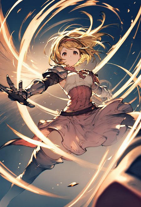 score_9, score_8_up, score_7_up,score_6_up, source_anime, best quality, masterpiece, aesthetic, absurdres, anime,
perspective, holding sword, action, motion blur, 
1girl, solo, looking at viewer, 
djeeta \(granblue fantasy\), fighter \(granblue fantasy\), blonde hair, short hair, hairband, brown eyes, medium breasts, pink blouse, skirt, tighthigh boots, (shoulder armor, gauntlets:0.7), 
<lora:JitaRuri-Pony:0.8> jitaruri, <lora:IshikePony:0.5>,