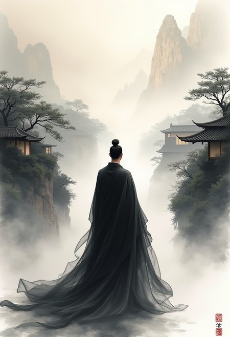 Witness a profound moment of serene elegance, portrayed in an ink wash painting style. Within a graceful Asian landscape overflowing with serene beauty and traditional houses, there stands a single figure of quiet power. Every stroke of the brush, echoing ancient artistry, conveys the dignified presence of this esteemed individual, capturing every fluid movement and striking feature with careful precision. An atmospheric palette of deep blacks and soft grays merges seamlessly, embodying the tranquil energy that pervades both figure and setting alike. The paper appears alive with delicate ink swirls and glimmering reflections, enhancing the poised poise and silent strength radiating from the figure. The landscape envelops him as one with nature itself, embodying an enduring bond between man and ancestral heritage.