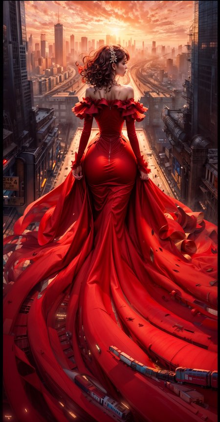 woman in red dress standing on a ledge overlooking a city, stunning digital illustration, cgsociety masterpiece, stunning cgsociety, cgsociety contest winner, cgsociety contest winner, beautiful digital artwork, ross tran 8 k, red dress, cgsociety contest winner!!!, karol bak uhd, 