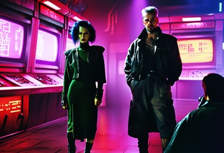 A stunning impactful award winning cibachrome cinematic still, the cast of Neuromancer by Denis Villeneuve, retro, cyberpunk, fashion, style, vintage cinematic scene,