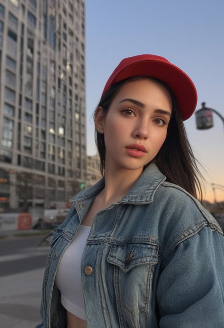30yo woman posing for pic in front of tall building.
Small eyes. Brown eyes.
Wearing ripped Denim jacket red hat
no makeup. Clear skin.  realistic skin style
Long dark black slick back hair. No makeup. Dusk, Street light. Looking at camera POV. Slight smile, tilting head.. Tilt head. Hands in head, face, lips.
Medium Close Up shot. Bokeh. Bokeh light.