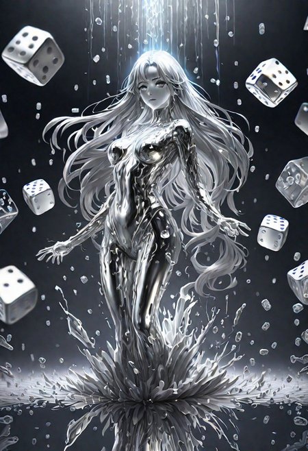 (masterpiece,best quality,ultra-detailed,best illustration:1.3), 1woman,  its raining dice, 1000s of white dice falling from from the clouds, full length metal body, silver liquid metal long hair, casino background,
silver LIQUID METAL