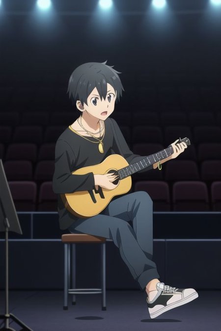 high resolution, professional photography, best quality, 1Boy, Kazuto Kirigaya, Black Hair, Black Eyes, idol, singing, potrait, dept of field, virtual concert, musical instrument, playing musical instrument, necklace, bracelet, sneakers,