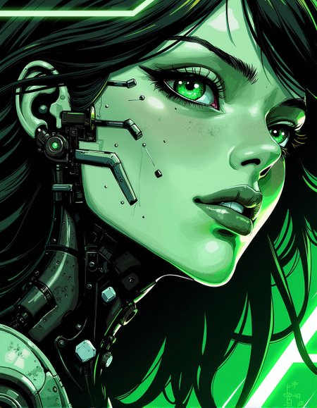 <lora:ck-Goro-Fujita:1>, digital artwork in the style of ckgf, A mesmerizing close-up portrait of an alien woman, her striking features blending extraterrestrial elegance with subtle mechanical elements. Her skin has a smooth, otherworldly texture, adorned with small, organic patterns. Her long, wavy hair cascades around her face, but in the Gameboy-style palette of green, white, and black. Mechanical elements are seamlessly integrated into her face and neck—sharp, angular pieces emerge like delicate circuitry. The chiaroscuro-inspired lighting brings deep contrast, with bold shadows enhancing her alien beauty. The background features a cyberpunk workshop, and the limited palette emphasize the alien and mechanical features, while a soft green glow outlines parts of her face and hair, creating a futuristic yet nostalgic visual reminiscent of early handheld gaming
<lora:ck-nc-pastel-cyberpunk:0.3>
<lora:ck-MetalGearSolid:0.25>
<lora:RetroAnimeFluxV1:0.25>