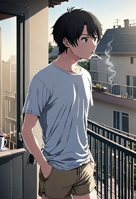 high resolution, solo, best quality, 1Boy, Inaho Kaizuka, Black Hair, home balcony, morning, cigarette, coffee, t-shirt, shorts, looking away, OverallDetail